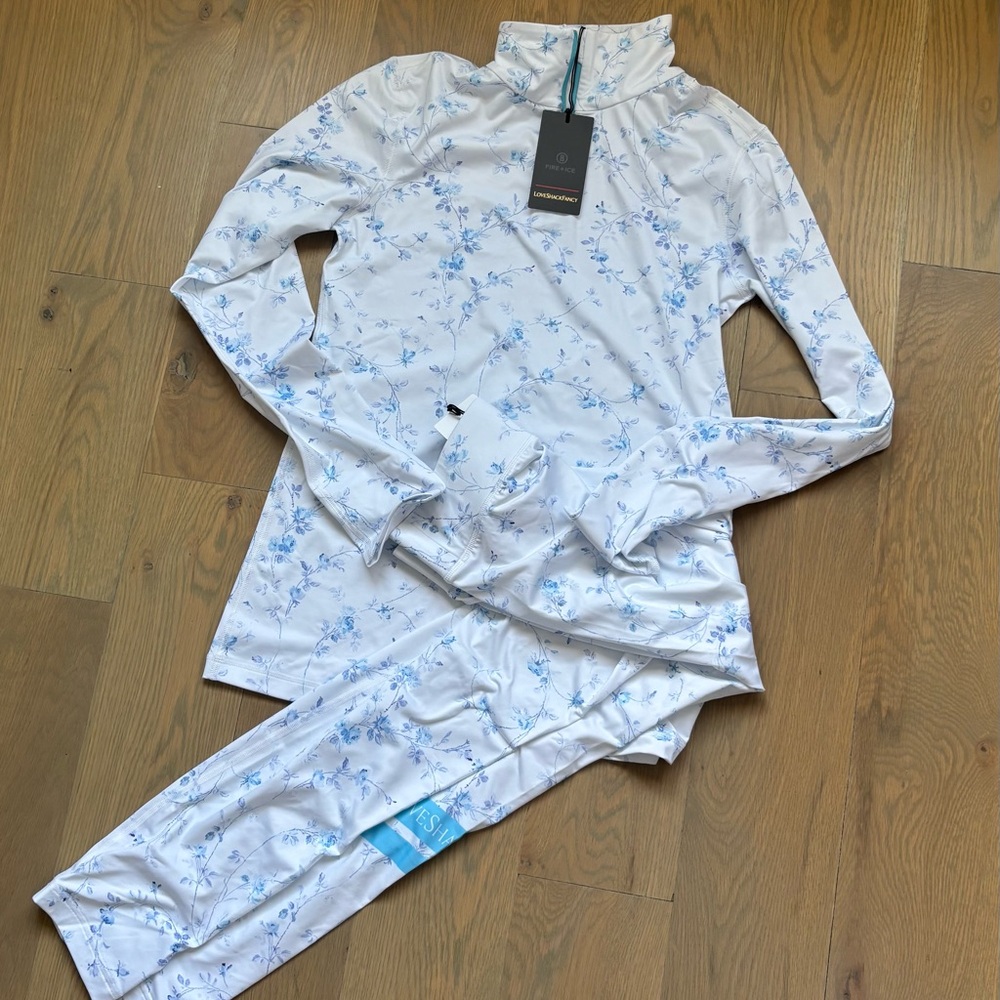 LoveShackFancy White Ski Top & Leggings with Light Blue Floral Print